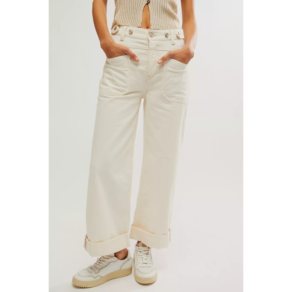 NWT FREE PEOPLE Palmer Jeans Cuffed Wide Leg Eggshell White Cream Pants 27